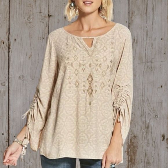 ARIAT Warrior Tunic Top Pull String Sleeves Beige Tori Print Boho - Picture 1 of 9